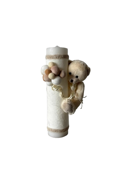 Lumânare botez alb/crem 30 cm, model ursuleț