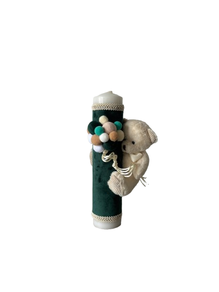 Lumânare botez verde, 30 cm , model ursuleț cu baloane