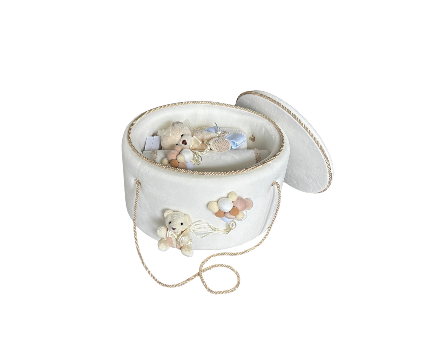 Trusou complet botez alb/crem 7 piese + cufar catifea buretat