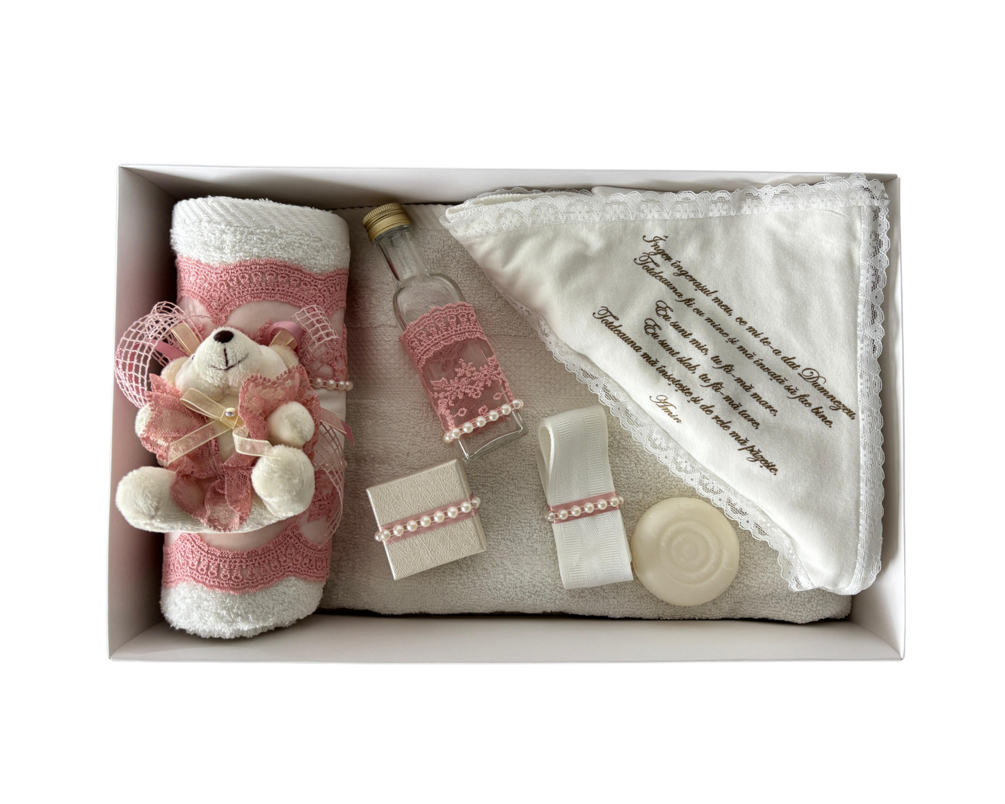 Trusou botez complet, roz cu fundiță, 7 piese