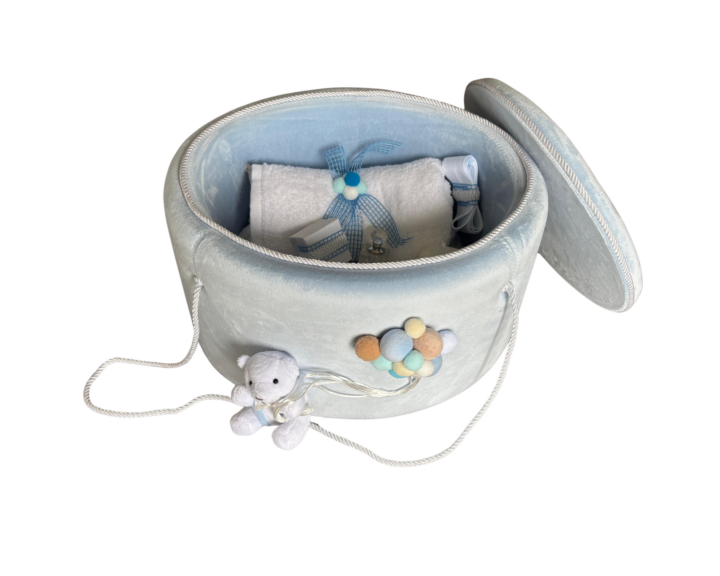 Trusou complet botez, alb/albastru, 7 piese + cufăr catifea buretat