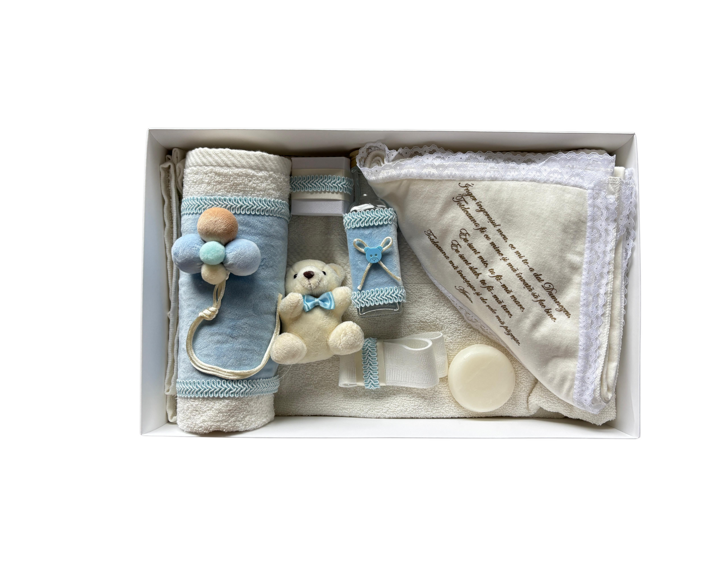 Trusou complet botez alb/albastru, 7 piese