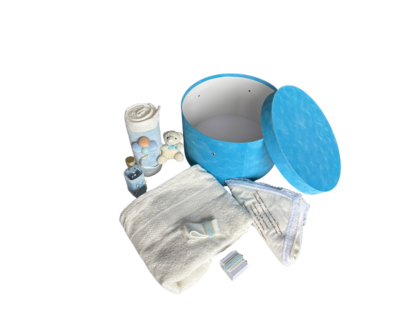 Trusou botez complet alb/albastru 7 piese +cutie de catifea