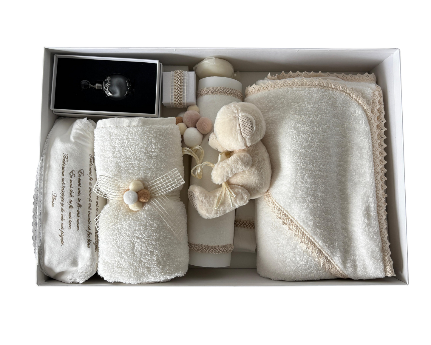 Set trusou botez deosebit, 8 piese, cu lumanare, alb/crem