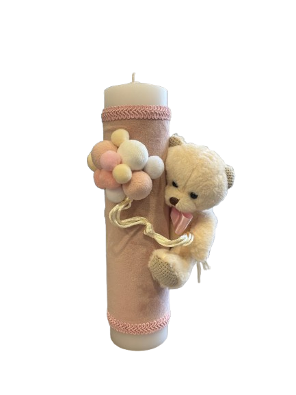 Lumânare botez roz, 30 cm model ursuleț