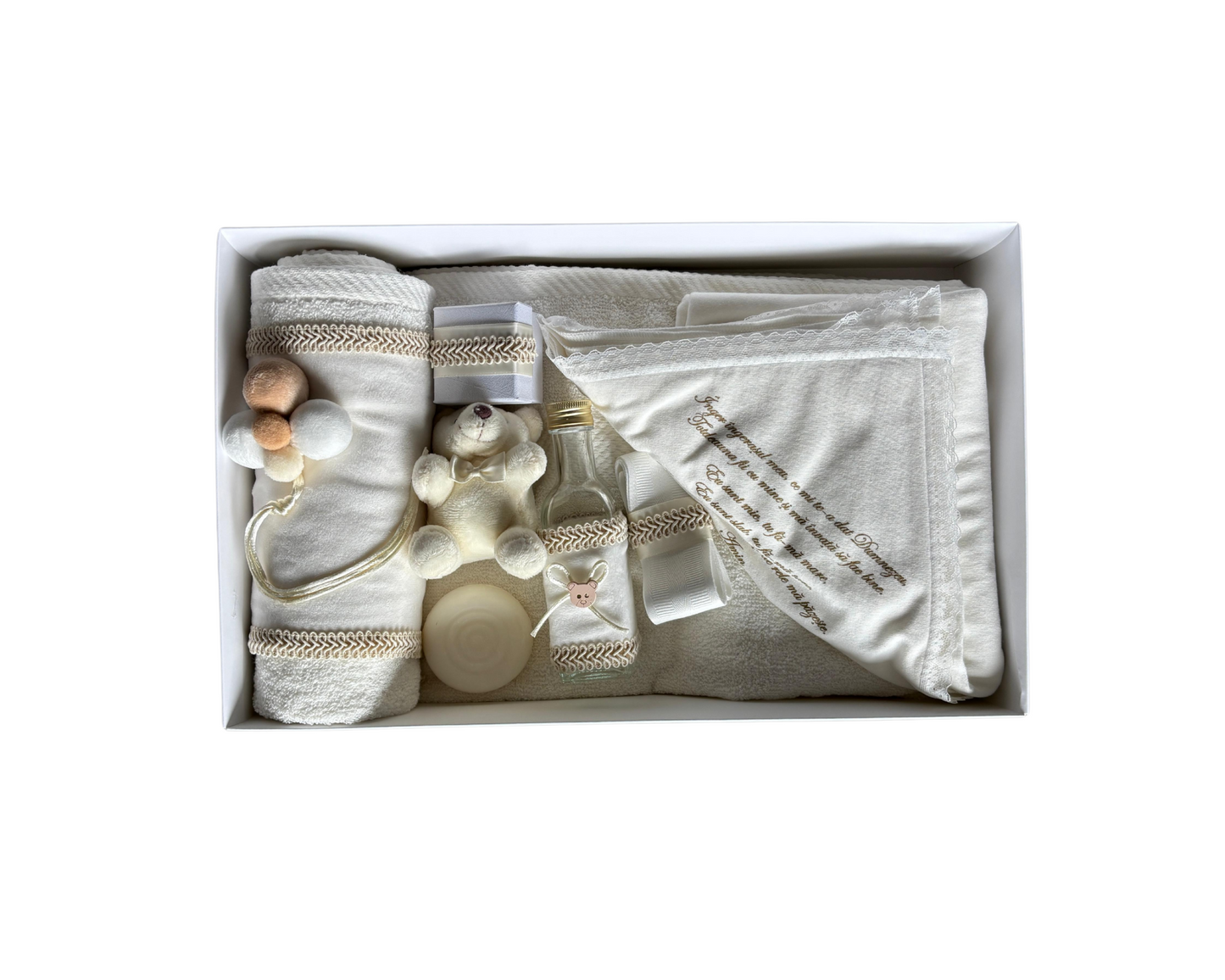 Trusou complet botez, alb/crem, 7 piese