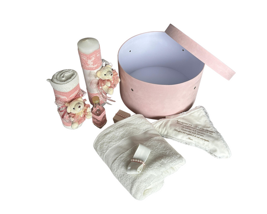 Trusou botez complet, roz cu fundiță, 8 piese+ cutie catifea