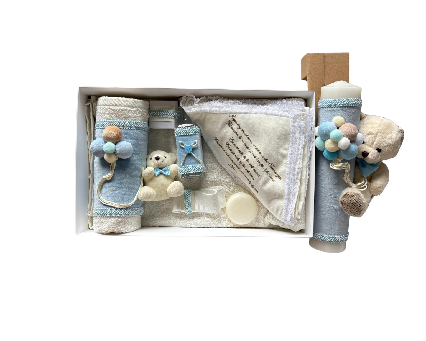 Trusou complet botez alb/albastru, 8 piese