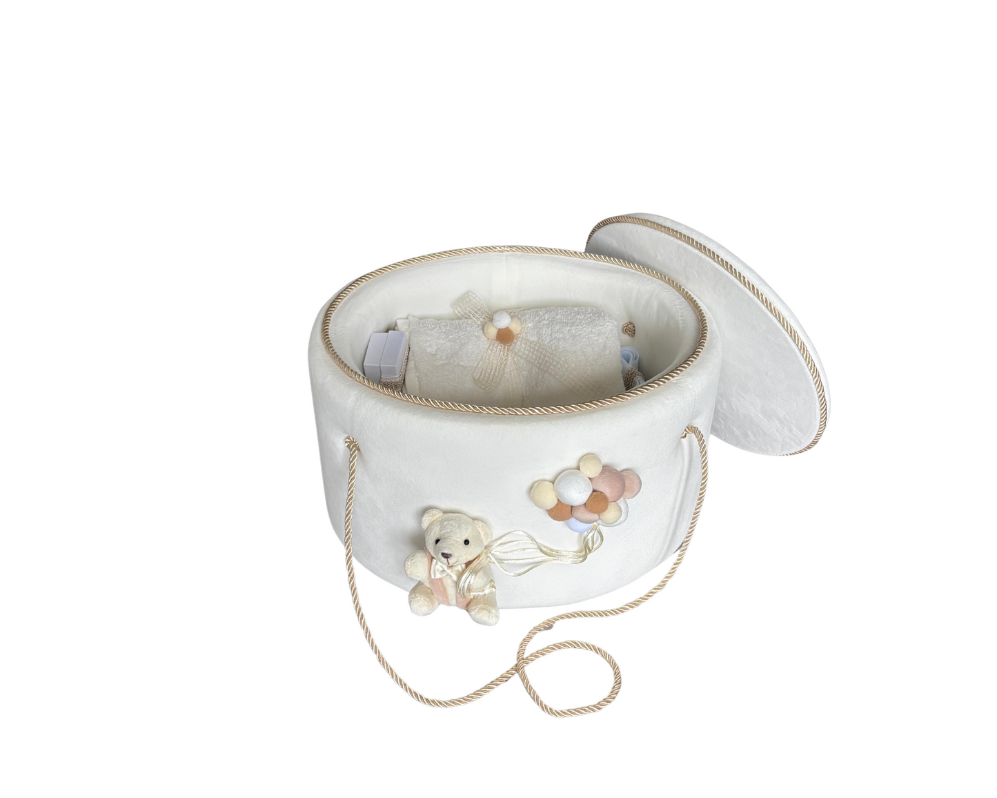 Trusou complet botez alb/crem 7 piese + cufar catifea buretat